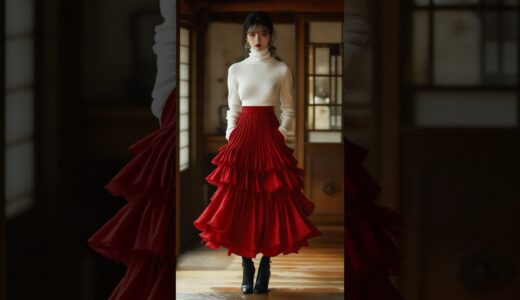 タートルネックニット（ホワイト）＆スカート（レッド）Turtleneck Knit in White & Skirt in Red